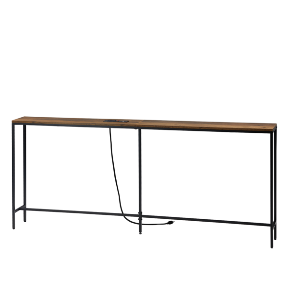 180cm长截断款带排插 玄关桌 木纹棕色 MDF 铁框 180*20*79cm-2