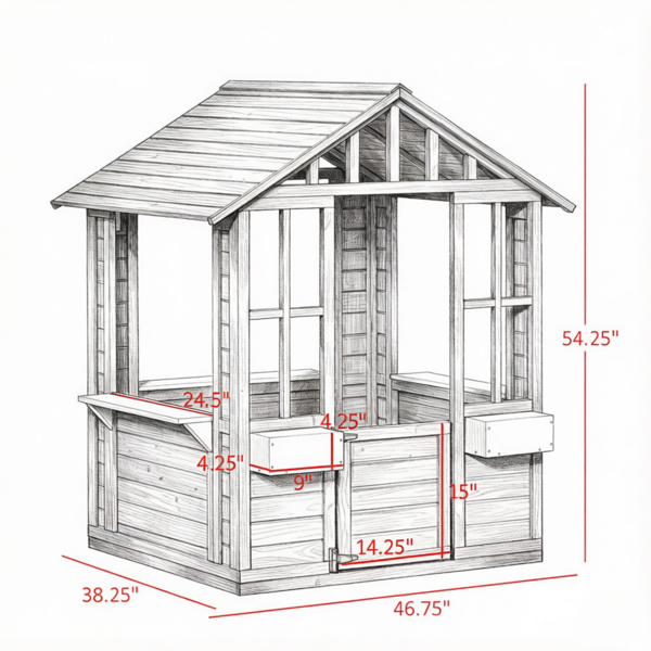 儿童木制户外游乐场，带花盆架和工作间的花园小屋-3