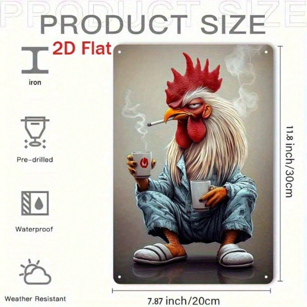CIFbuy 复古公鸡金属墙饰 1件 2D平铁挂饰，带蓝色背带裤与拖鞋图案 农舍乡村风格墙面装饰 （TikTok, temu 自提物流）-2