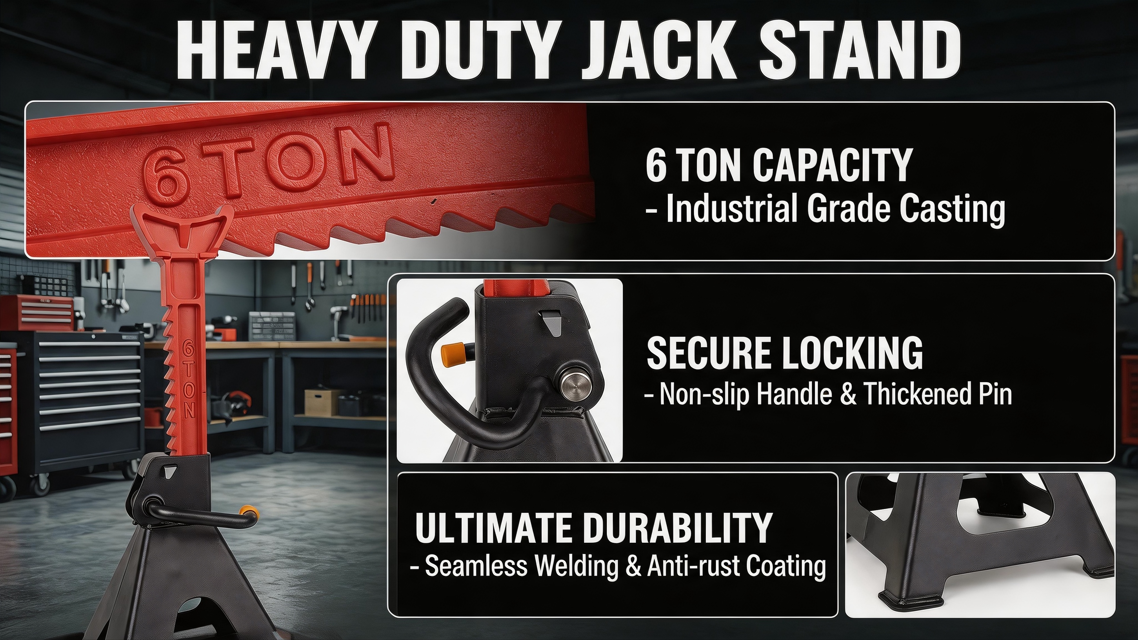 6 Ton Jack Stands, Heavy Duty Steel Car Jack Stand Pair view 3