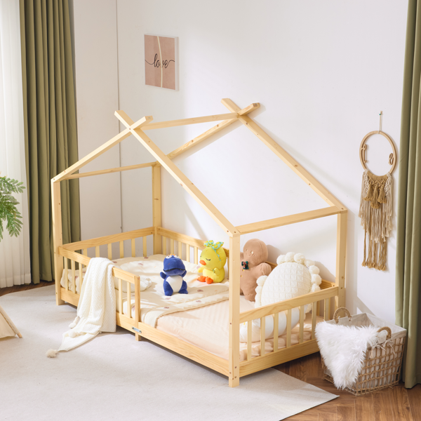 X型屋顶造型松木床架 油漆面儿童木床 206*98*156cm 原木色-17
