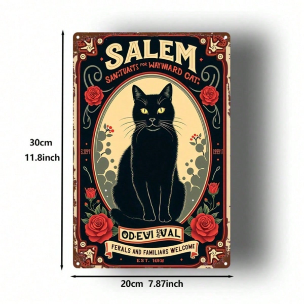 CIFbuy 塞勒姆猫屋 黑猫与玫瑰 复古金属标牌 8x12英寸 1个 经典2D平面艺术 复古墙面装饰 适用于家庭 农场 厨房等 （TikTok, temu 自提物流）-2