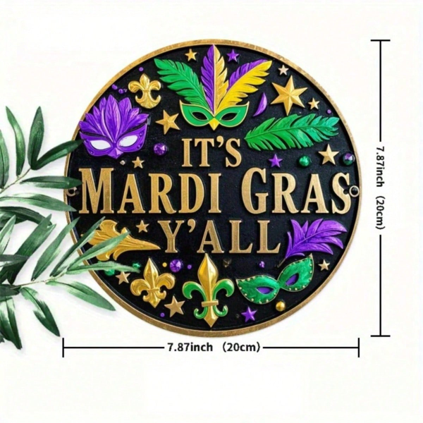 CIFbuy 狂欢节 | 8x8英寸圆形2D平面金属标牌 复古墙面装饰，金色紫色活力十足的嘉年华印花艺术 狂欢节庆典 （TikTok, temu 自提物流）-2