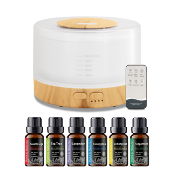 500 毫升香薰精油扩散器套装（内含 6 瓶理疗精油），7 色渐变 LED 氛围灯，超声波冷雾雾化，自动断电停机，低噪静音运行；适用于居家、卧室、瑜伽场景