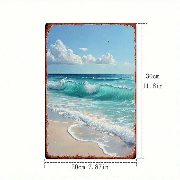 CIFbuy 复古金属标牌 海滩波浪 白云蓝天 2D平面锡制绘画装饰，8x12英寸 防水防锈壁挂牌，适用于浴室 （TikTok, temu 自提物流）-2