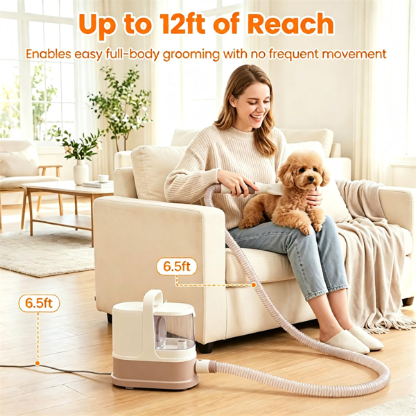 9合1宠物护理吸尘器套装带吹风机，600W 17kPa吸力，3档可调吸力模式，40-65°C温控，低噪音，狗猫毛发修剪器除毛刷配1.3L可洗HEPA集尘盒 白色-9
