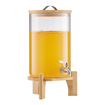 2.2 加仑玻璃饮品分配器，配套木底座、不锈钢出水龙头，聚会盛装冰茶、柠檬水、果汁、清水专用