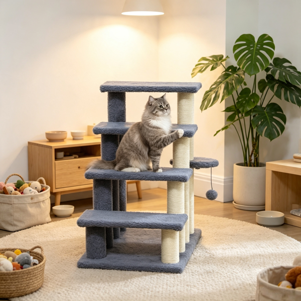 灰色四层爬猫台阶，带抓杆，适用于高床和沙发卧室/客厅-5
