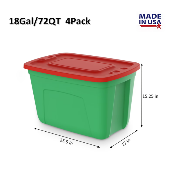 4 个装 18 加仑圣诞用品收纳箱，可堆叠塑料储物箱，车库整理收纳，18 加仑（72 夸脱），绿红配色-2