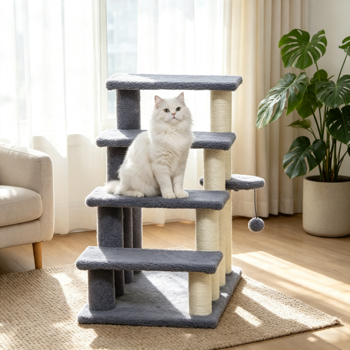 灰色四层爬猫台阶，带抓杆，适用于高床和沙发卧室/客厅