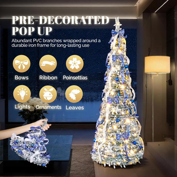 7ft  绿色植绒 伸缩圣诞树  带蓝银色配饰 200LED暖白8模式 带遥控 PVC 圣诞树 30V 3.6W 美规-9