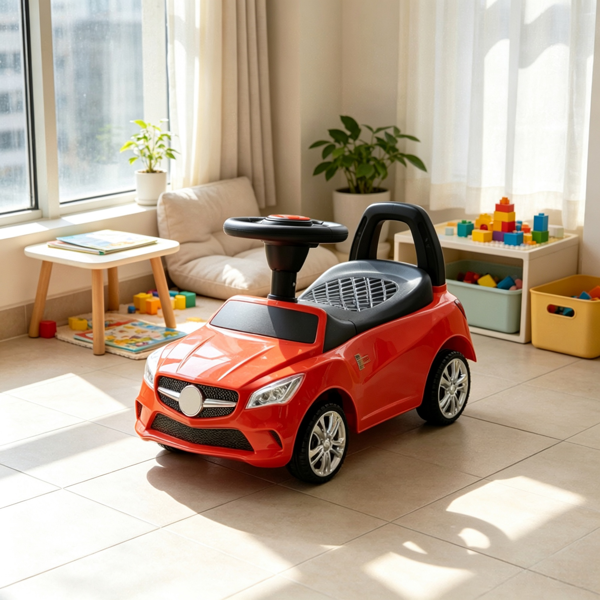 红色学步车：带工作喇叭、音乐、前照灯和座椅下储物空间的滑动步行玩具-4