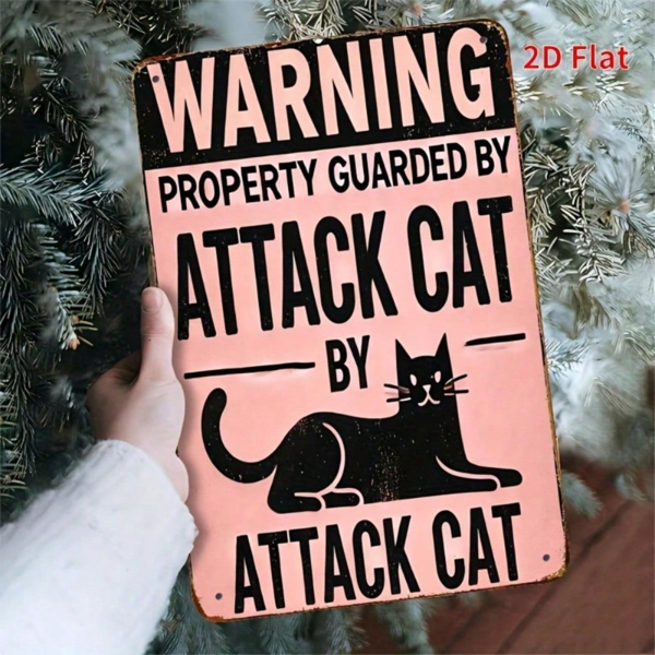 CIFbuy 1个复古铁质“攻击猫”警示牌，8x12英寸，乡村风粉黑墙饰艺术装饰，带黑猫图案，多用途（TikTok, temu 自提物流）-4