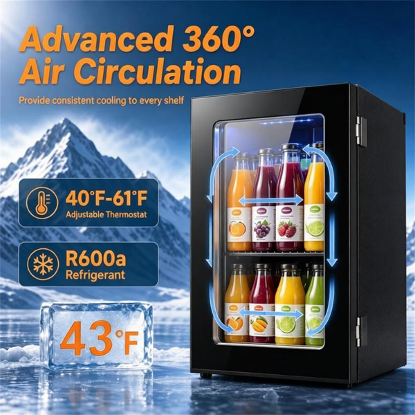 0.6立方英尺迷你饮料冰箱，带数字触控40°F-61°F可调恒温器，360°空气循环静音压缩机冷却器，蓝色LED灯钢化玻璃门，可容纳24罐黑色-8
