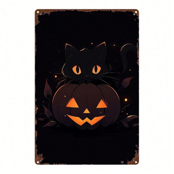 CIFbuy 复古怀旧金属标牌 2D 平面万圣节黑猫南瓜灯笼艺术画装饰 8x12 英寸 单件经典摆件 （TikTok, temu 自提物流）