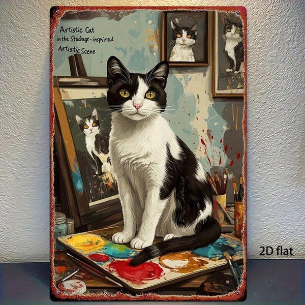 CIFbuy 复古猫咪金属墙饰 8x12英寸 复古铁艺装饰，配画笔与调色板，适用于家庭客厅的二维平面艺术挂牌（TikTok, temu 自提物流）-6