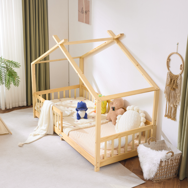 X型屋顶造型松木床架 油漆面儿童木床 206*98*156cm 原木色-18