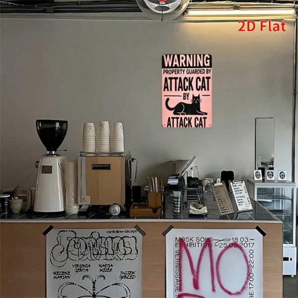 CIFbuy 1个复古铁质“攻击猫”警示牌，8x12英寸，乡村风粉黑墙饰艺术装饰，带黑猫图案，多用途（TikTok, temu 自提物流）-6