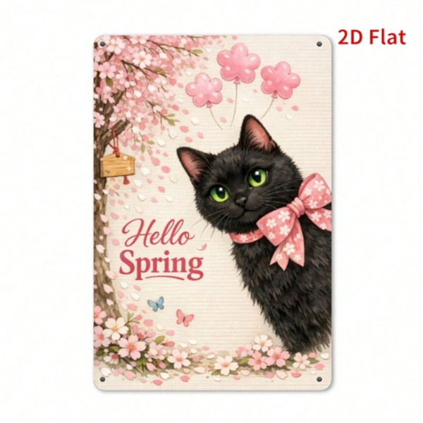 CIFbuy 你好，春樱黑猫金属牌匾，复古2D平面印刷墙饰，防水防锈标识，适用于家居装饰。（TikTok, temu 自提物流）-2