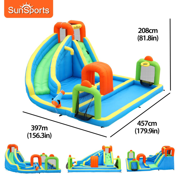 SunSports充气水上滑梯配备 450W 鼓风机，适合儿童的家庭后院水上乐园，包含攀爬墙、嬉水池及篮球架，尺寸为 13 x 15 x 7 英尺-2