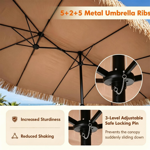 15x9英尺双面Tiki露台雨伞，带重型加重底座，12金属肋夏威夷PE套索户外市场雨伞防水聚酯雨棚，适用于池畔Tiki酒吧后院-6