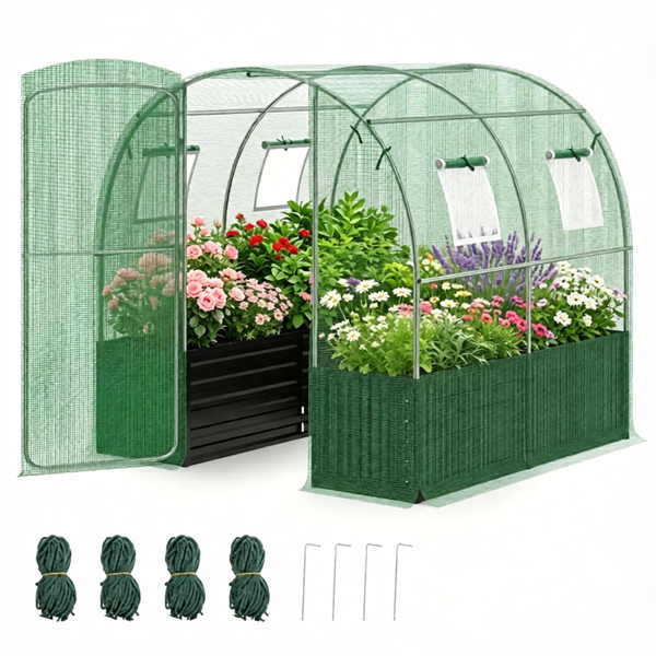 80“×79”全天候步入式温室，重型镀锌金属框架防撕裂PE盖室外植物温室，带4个网眼通风窗风绳蔬菜花卉水果种植地桩-5
