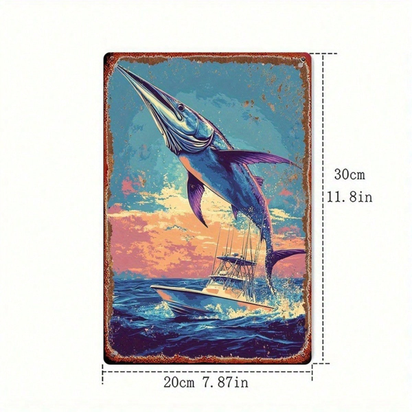 CIFbuy 复古 | 海洋捕鱼金属标牌 2D 平面，8X12英寸大鱼跃动图案墙饰，防锈防水金属装饰 1个适用于H （TikTok, temu 自提物流）-2