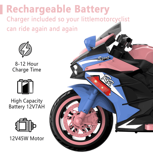 12V 儿童电动摩托车，电动玩具摩托车，带遥控器、灯轮和蓝牙音乐的儿童骑乘摩托车（周末不发货）（禁售temu、Walmart）-3
