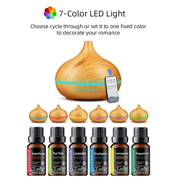 550 毫升木纹香薰精油加湿器 带遥控超声波冷雾香薰机，7 色氛围 LED 灯，附赠 6 瓶精油-2