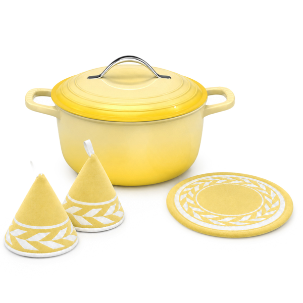 不锈钢手柄 7.5QT 7.1L 圆形 珐琅锅 黄色渐变 含手套 隔热垫-5