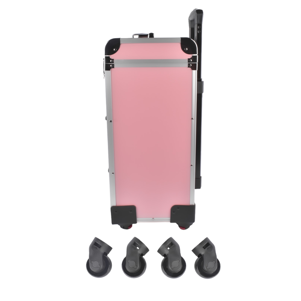 A1-万向轮拉杆美甲纹绣化妆箱 Portable 3-Tier Rolling Makeup Case with Universal Wheels for Makeup, Nail Art, Hair Styling Tools Storage (Pink + Silver)-4