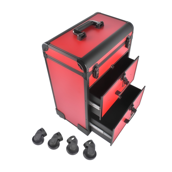 A1-万向轮拉杆美甲纹绣化妆箱 Portable 3-Tier Rolling Makeup Case with Universal Wheels for Makeup, Nail Art, Hair Styling Tools Storage (Red + Black)-4