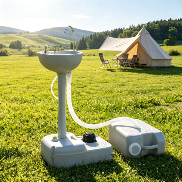 Portable Camping Sink with Foot Pump, 4.5Gal Fresh & 6.34Gal Recovery Water Tank, Rolling Outdoor Hand Washing Station with Soap Dispenser & Towel Rack for Camping RV Worksites-1