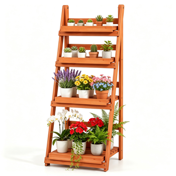 4层阶梯式植物架、可折叠的优质冷杉木花盆架、A形加固展示架、DIY定制的室内外家居花园装饰多功能储物架-橙色