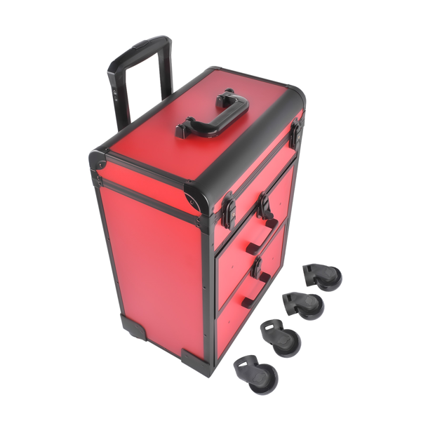 A1-万向轮拉杆美甲纹绣化妆箱 Portable 3-Tier Rolling Makeup Case with Universal Wheels for Makeup, Nail Art, Hair Styling Tools Storage (Red + Black)-2