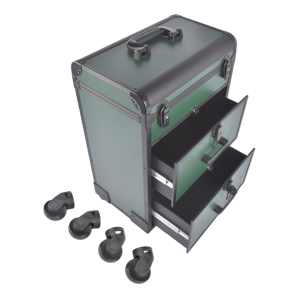 A1-万向轮拉杆美甲纹绣化妆箱 Portable 3-Tier Rolling Makeup Case with Universal Wheels for Makeup, Nail Art, Hair Styling Tools Storage (Dark Green + Black)-3