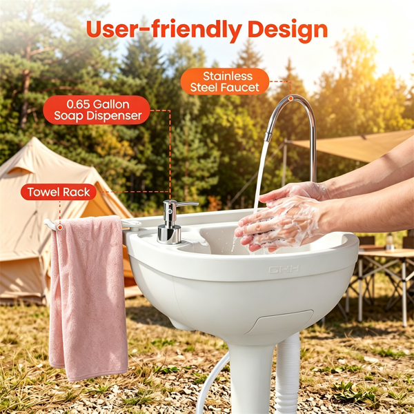 Portable Camping Sink with Foot Pump, 4.5Gal Fresh & 6.34Gal Recovery Water Tank, Rolling Outdoor Hand Washing Station with Soap Dispenser & Towel Rack for Camping RV Worksites-3