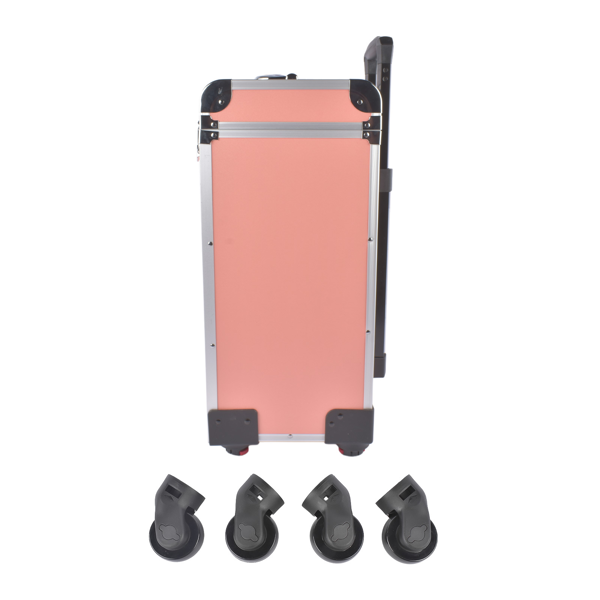 A1-万向轮拉杆美甲纹绣化妆箱 Portable 3-Tier Rolling Makeup Case with Universal Wheels for Makeup, Nail Art, Hair Styling Tools Storage (Coral Pink + Silver)-3