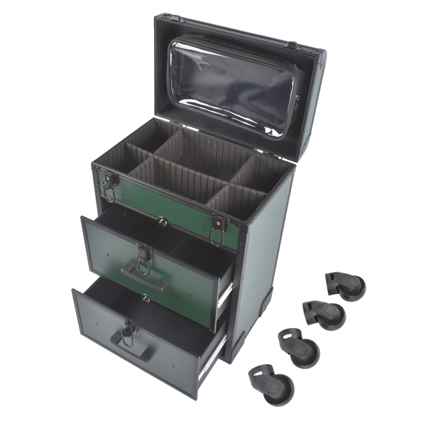 A1-万向轮拉杆美甲纹绣化妆箱 Portable 3-Tier Rolling Makeup Case with Universal Wheels for Makeup, Nail Art, Hair Styling Tools Storage (Dark Green + Black)-4
