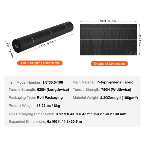 3.2 盎司编织防草布 尺寸 6×100 英尺，高透水性除草地垫，带绿色定位标线，加厚园艺地膜，用于花坛、车道、农业种植-2