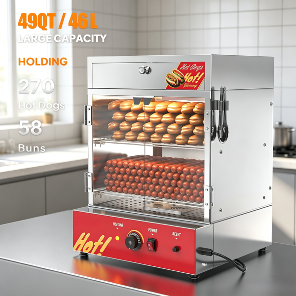 美规 NB-RGG-002 110V 500W 热狗机 不锈钢色 不锈钢 双层30L 带蒸汽加热保温  热狗柜-3
