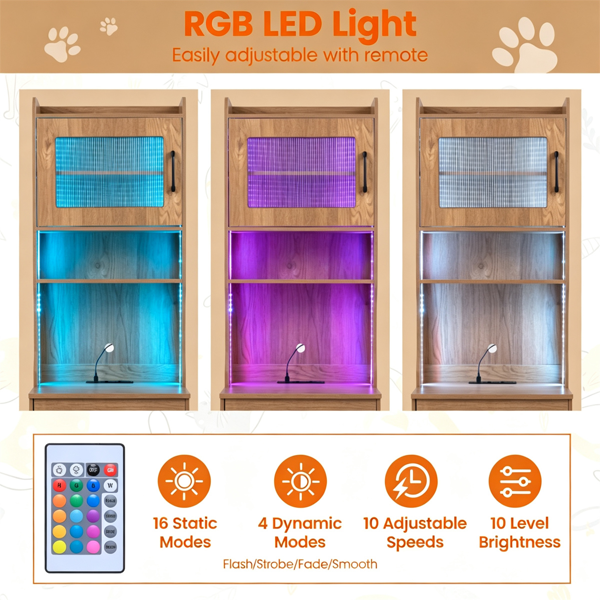 隐藏式猫砂箱外壳，带RGB LED灯和电源插座站，带抽屉和橱柜储物的多用途猫屋家具，家用防倾倒宠物卫生间橱柜-天然-3
