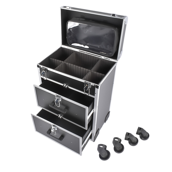 A1-万向轮拉杆美甲纹绣化妆箱 Portable 3-Tier Rolling Makeup Case with Universal Wheels for Makeup, Nail Art, Hair Styling Tools Storage (Black + Silver)-3