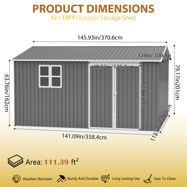 12×10 英尺重型储物棚，户外金属园艺工具房，带窗户与安全锁，防水抗紫外线，配备 4 处通风口、底部支撑框架 —— 大容量庭院储物棚，可存放自行车、工具箱、除草机-2