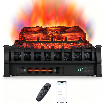智能电壁炉插入式加热器，1500W 5120 BTU红外石英壁炉原木套装，带Alexa和谷歌助手应用程序控制，5种火焰颜色可调，适用于室内供暖