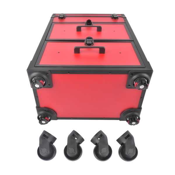 A1-万向轮拉杆美甲纹绣化妆箱 Portable 3-Tier Rolling Makeup Case with Universal Wheels for Makeup, Nail Art, Hair Styling Tools Storage (Red + Black)-6