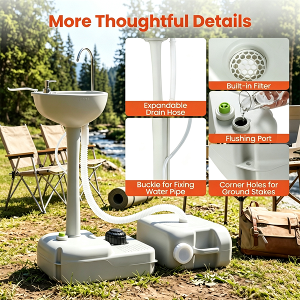 Portable Camping Sink with Foot Pump, 4.5Gal Fresh & 6.34Gal Recovery Water Tank, Rolling Outdoor Hand Washing Station with Soap Dispenser & Towel Rack for Camping RV Worksites-6