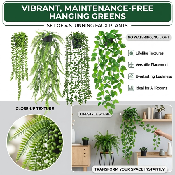 UK4件装盆栽仿真悬挂植物室内假蔓生植物家居房间（曼陀罗尤加利长波斯绿萝）-9