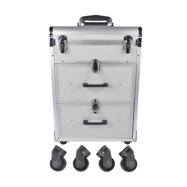 A1-万向轮拉杆美甲纹绣化妆箱 Portable 3-Tier Rolling Makeup Case with Universal Wheels for Makeup, Nail Art, Hair Styling Tools Storage (Silver)-1