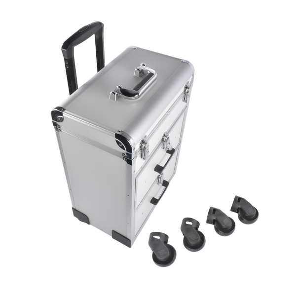 A1-万向轮拉杆美甲纹绣化妆箱 Portable 3-Tier Rolling Makeup Case with Universal Wheels for Makeup, Nail Art, Hair Styling Tools Storage (Silver)-4